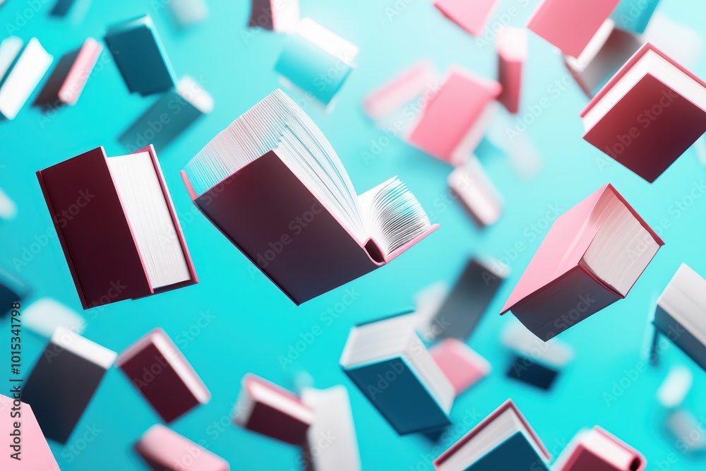 A vibrant scene of flying books against a bright blue background, representing knowledge and imagination. A vibrant scene of flying books against a bright blue background, representing knowledge and imagination.