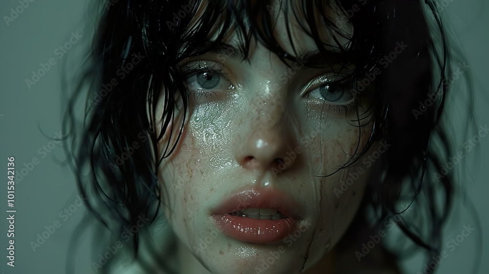 Close-Up Portrait of a Woman with Wet Hair and Tears Close-Up Portrait of a Woman with Wet Hair and Tears