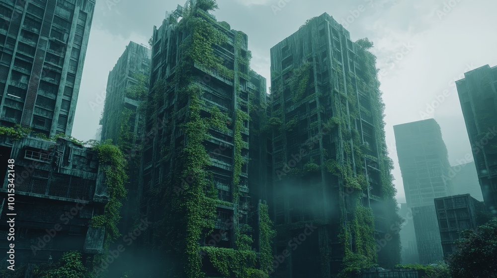 Obraz premium Abandoned futuristic city overgrown building composition background 