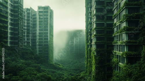 Abandoned futuristic city overgrown building composition background 