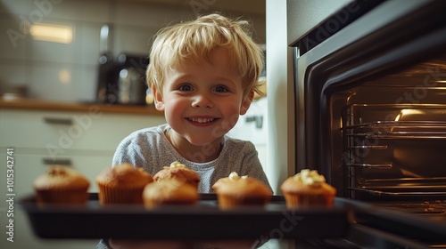 A little, fair-haired boy enjoys baking muffins in the kitchen at home. He's having a great time helping out, sitting close to the oven and eagerly awaiting the finished product.