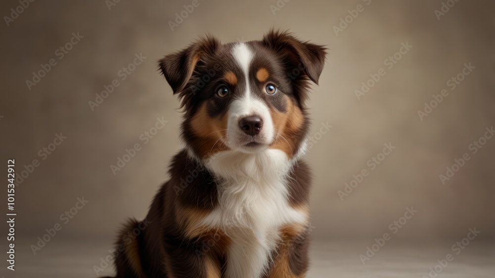 A cute Australian Shepherd puppy with brown and white fur, looking directly at the camera with big blue eyes, sitting on a neutral background. A cute Australian Shepherd puppy with brown and white fur, looking directly at the camera with big blue eyes, sitting on a neutral background.