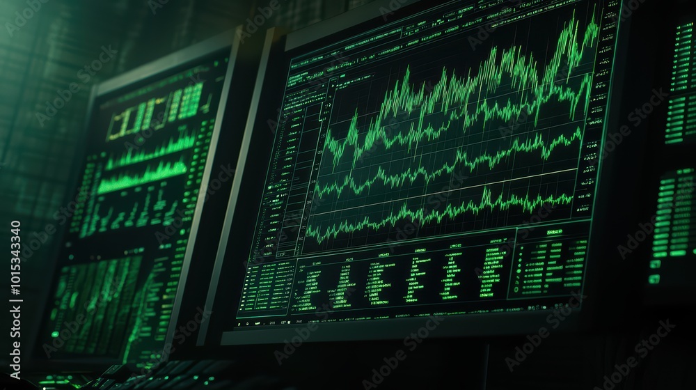 Digital screens displaying data analytics and financial graphs in green tones. Digital screens displaying data analytics and financial graphs in green tones.