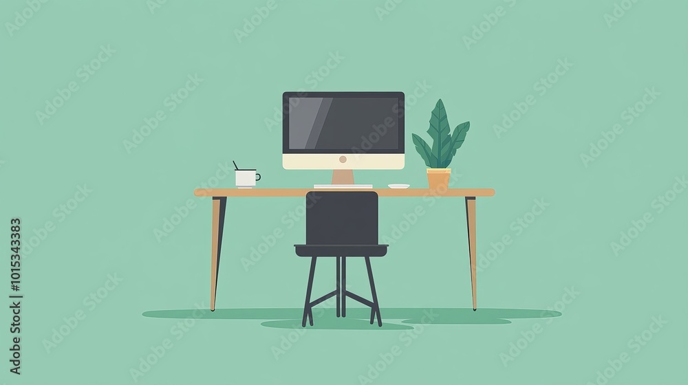 Modern home office workspace with a computer, table, plant, chair, and cup on an isolated green background. Suitable for remote work, freelancing, or teaching. Flat cartoon style vector illustration. Modern home office workspace with a computer, table, plant, chair, and cup on an isolated green background. Suitable for remote work, freelancing, or teaching. Flat cartoon style vector illustration.