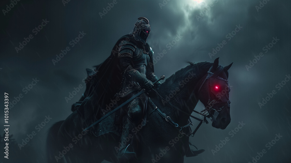 Dark knight in full armor riding a black horse with glowing red eyes, holding a sword, set against a stormy night sky, exuding mystery and power Dark knight in full armor riding a black horse with glowing red eyes, holding a sword, set against a stormy night sky, exuding mystery and power