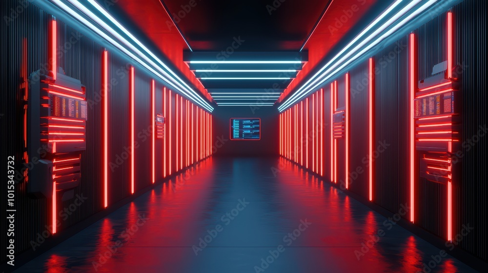 Futuristic corridor illuminated with red and blue neon lights, creating an immersive sci-fi atmosphere. Futuristic corridor illuminated with red and blue neon lights, creating an immersive sci-fi atmosphere.
