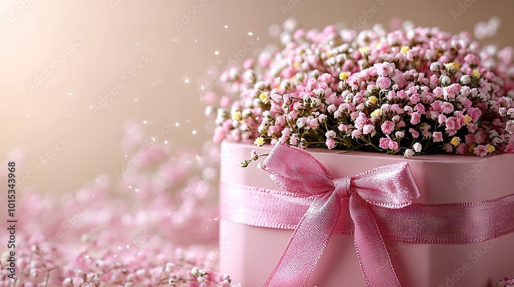 Obraz premium A pink box adorned with a pink ribbon and filled with miniature pink flowers