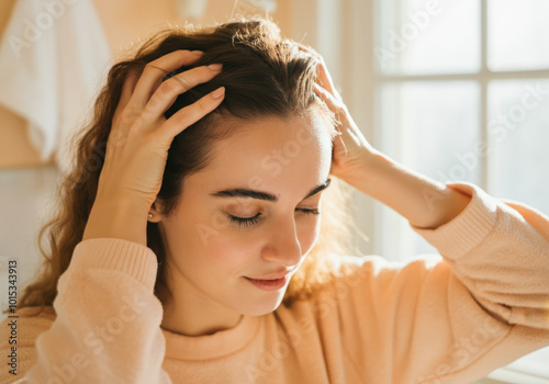 Young woman is gently massaging her scalp with her fingertips, promoting hair growth and relaxation photo