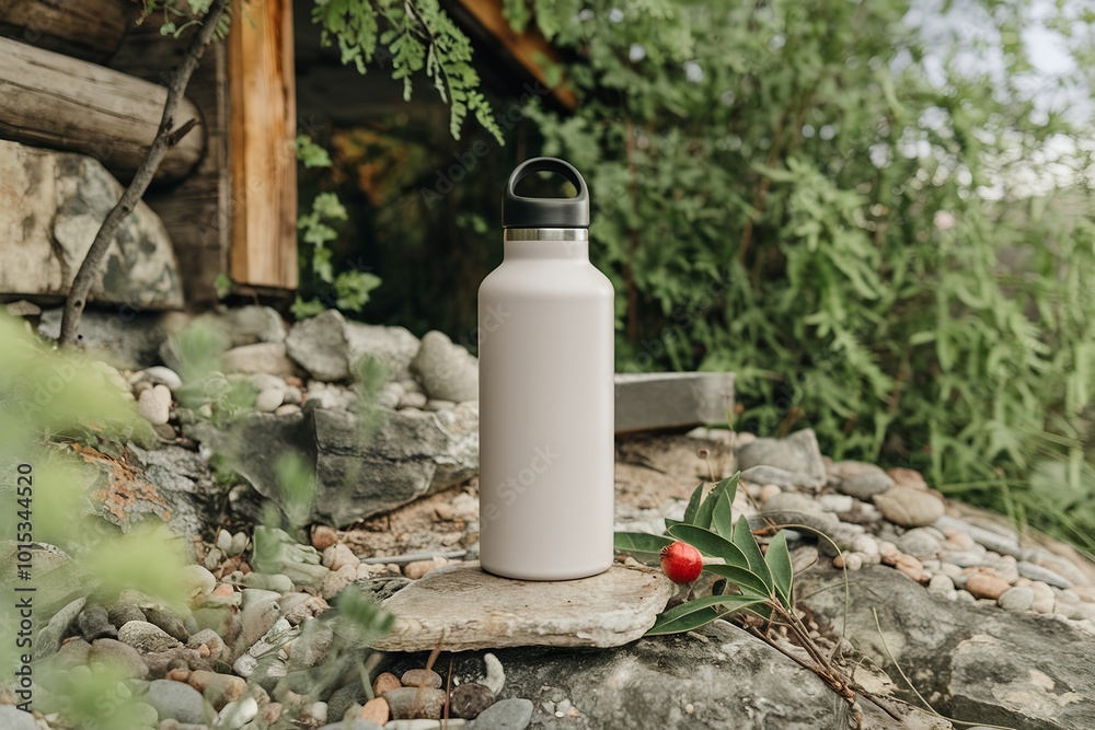 White Insulated Water Bottle in Nature With Rocky Outdoor Setting, Steel Thermo Water Bottle, Mockup for Designs. White Insulated Water Bottle in Nature With Rocky Outdoor Setting, Steel Thermo Water Bottle, Mockup for Designs.