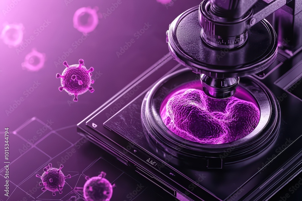 Fototapeta premium Microscope examining virus cells in vibrant purple tones, showcasing cutting-edge scientific research and technology.