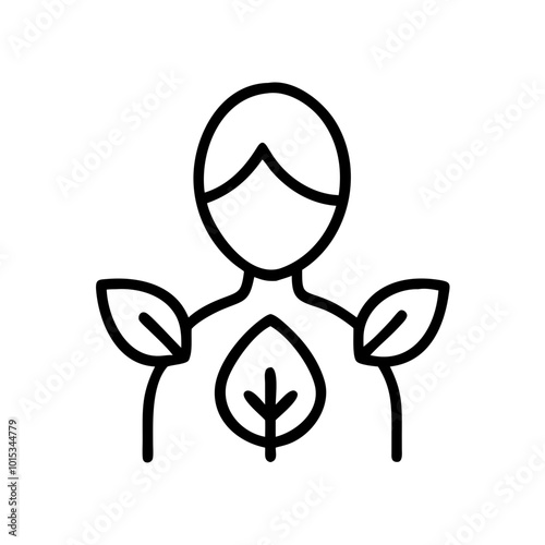 Ecologist icon holding leaves, minimalistic design, black and white, copy space