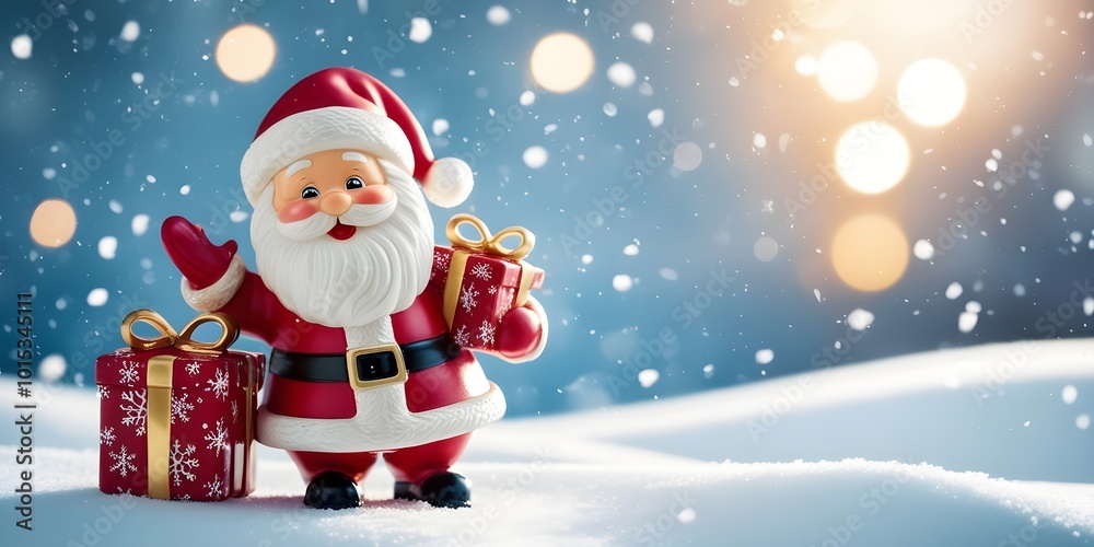 Santa Claus, dressed in red, holds gifts while standing in a snowy scene. Amidst falling snow, Santa Claus proudly displays a collection of festive gifts. Santa Claus, dressed in red, holds gifts while standing in a snowy scene. Amidst falling snow, Santa Claus proudly displays a collection of festive gifts.