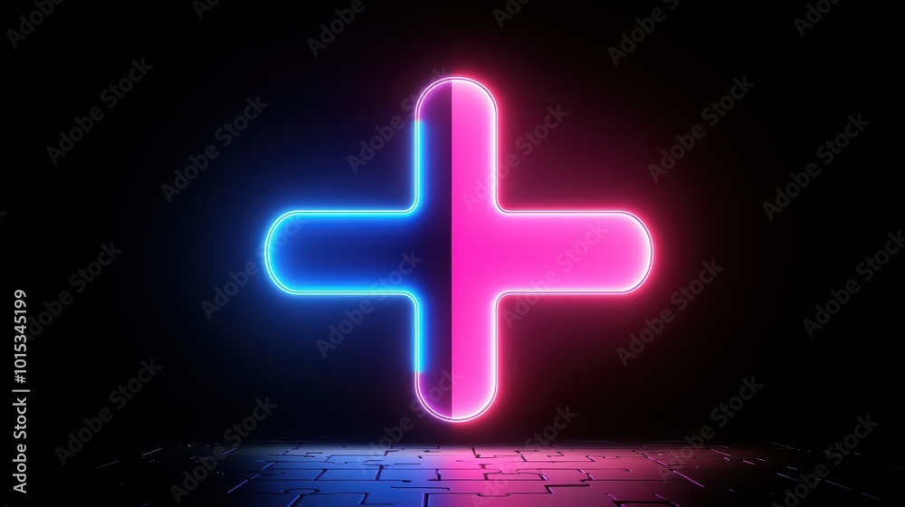 Neon glowing plus sign on a dark background, modern graphic design element with vibrant colors. Neon glowing plus sign on a dark background, modern graphic design element with vibrant colors.