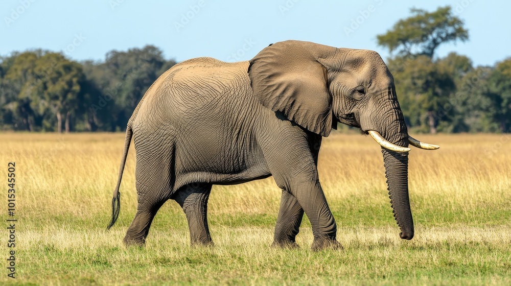 Obraz premium Big African elephant walking on savanna composition background 