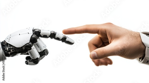 Robot and human hand touching their index finger, gesture isolated on white background - Concept about tech innovation, machine learning progress and partnership with artificial intelligence