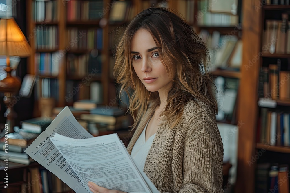 Woman is in an office surrounded by books and lamps reading papers. She has brown hair and wears a beige cardigan sweater over a white shirt. There are bookshelves behind her filled with various books Woman is in an office surrounded by books and lamps reading papers. She has brown hair and wears a beige cardigan sweater over a white shirt. There are bookshelves behind her filled with various books