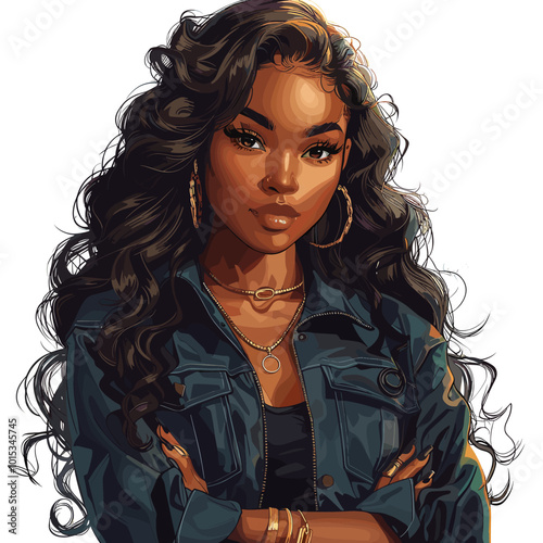 Vector illustration of a beautiful african american woman in a leather jacket