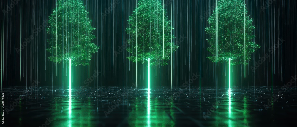 Three green digital trees amidst rain, showcasing futuristic environmental concepts and nature technology. Three green digital trees amidst rain, showcasing futuristic environmental concepts and nature technology.