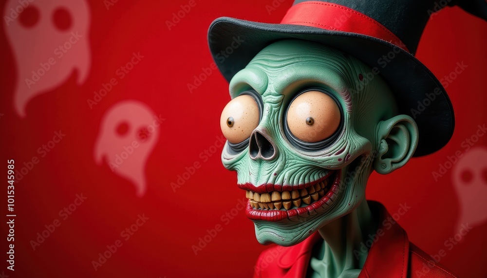Funny zombie head with one eye bigger than the other, wearing magician’s hat, on red background with floating ghosts. Funny zombie head with one eye bigger than the other, wearing magician’s hat, on red background with floating ghosts.