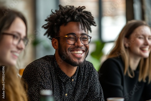 Diverse office colleagues laughing together during a meeting, Generative AI