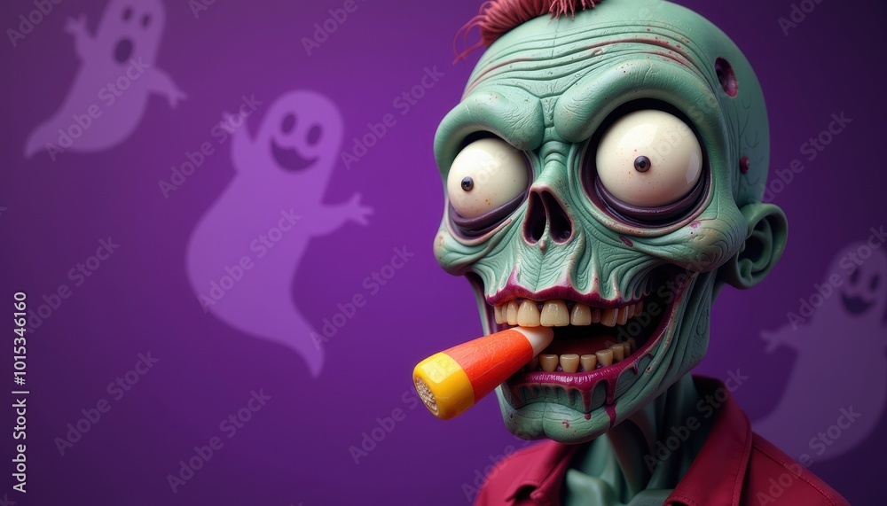 Goofy zombie head with bugged-out eyes and candy corn in mouth, on purple background with floating ghosts. Goofy zombie head with bugged-out eyes and candy corn in mouth, on purple background with floating ghosts.