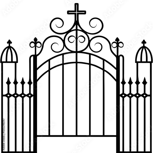 Open Wrought-Iron Cemetery Gate Silhouette Line Art Vector