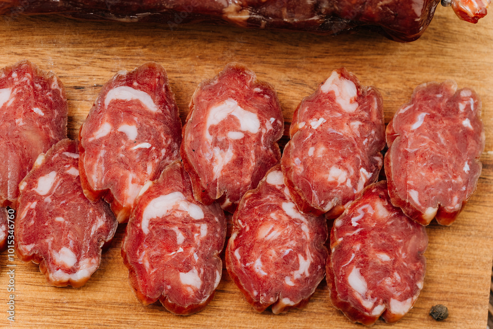 Smoked salami sticks on a wooden board with herbs, perfect for charcuterie boards and gourmet snacks Smoked salami sticks on a wooden board with herbs, perfect for charcuterie boards and gourmet snacks