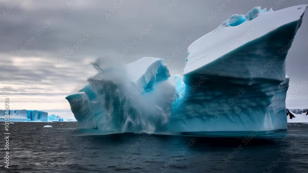 A stunning view of a massive iceberg melting and splitting apart