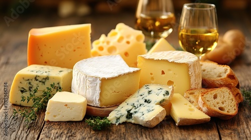 Assorted cheeses with bread and wine on a wooden table.