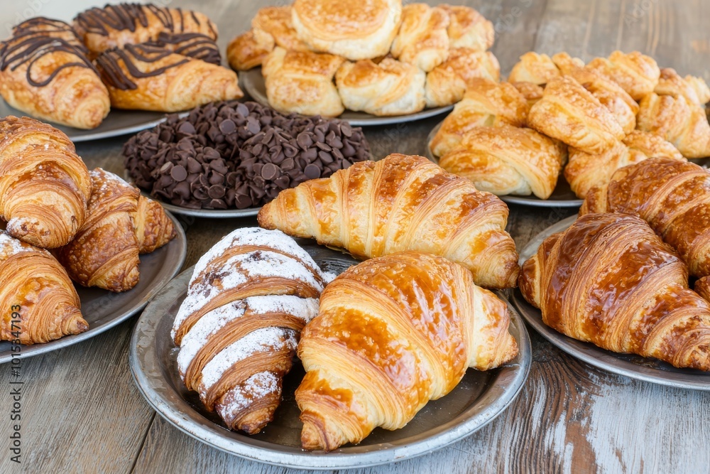 Fototapeta premium An excellent hotel breakfast buffet includes crunchy croissants.
