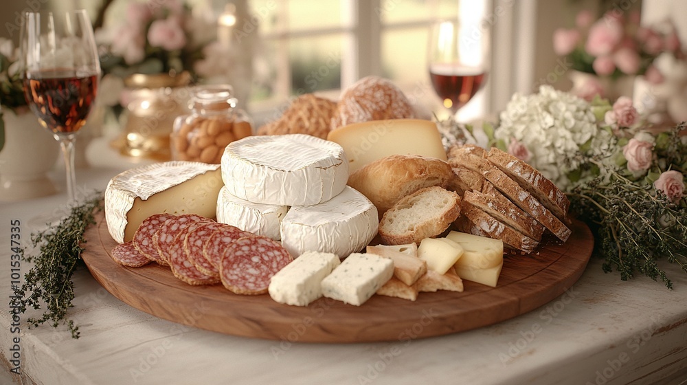 Naklejka premium Cheese and charcuterie platter with beverages.