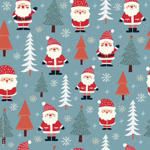 Seamless Christmas pattern with cute Santa Clauses and trees. Winter repeat wallpaper. Holiday packaging design.