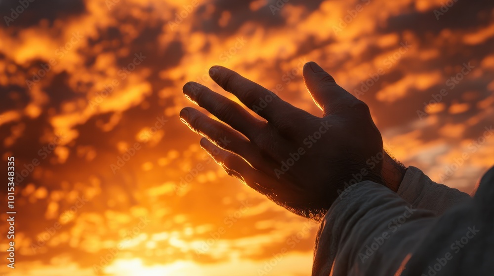 A close-up in the Bible showing the hands of Jesus Christ amidst an evening sunset. Stunningly beautiful sky A close-up in the Bible showing the hands of Jesus Christ amidst an evening sunset. Stunningly beautiful sky