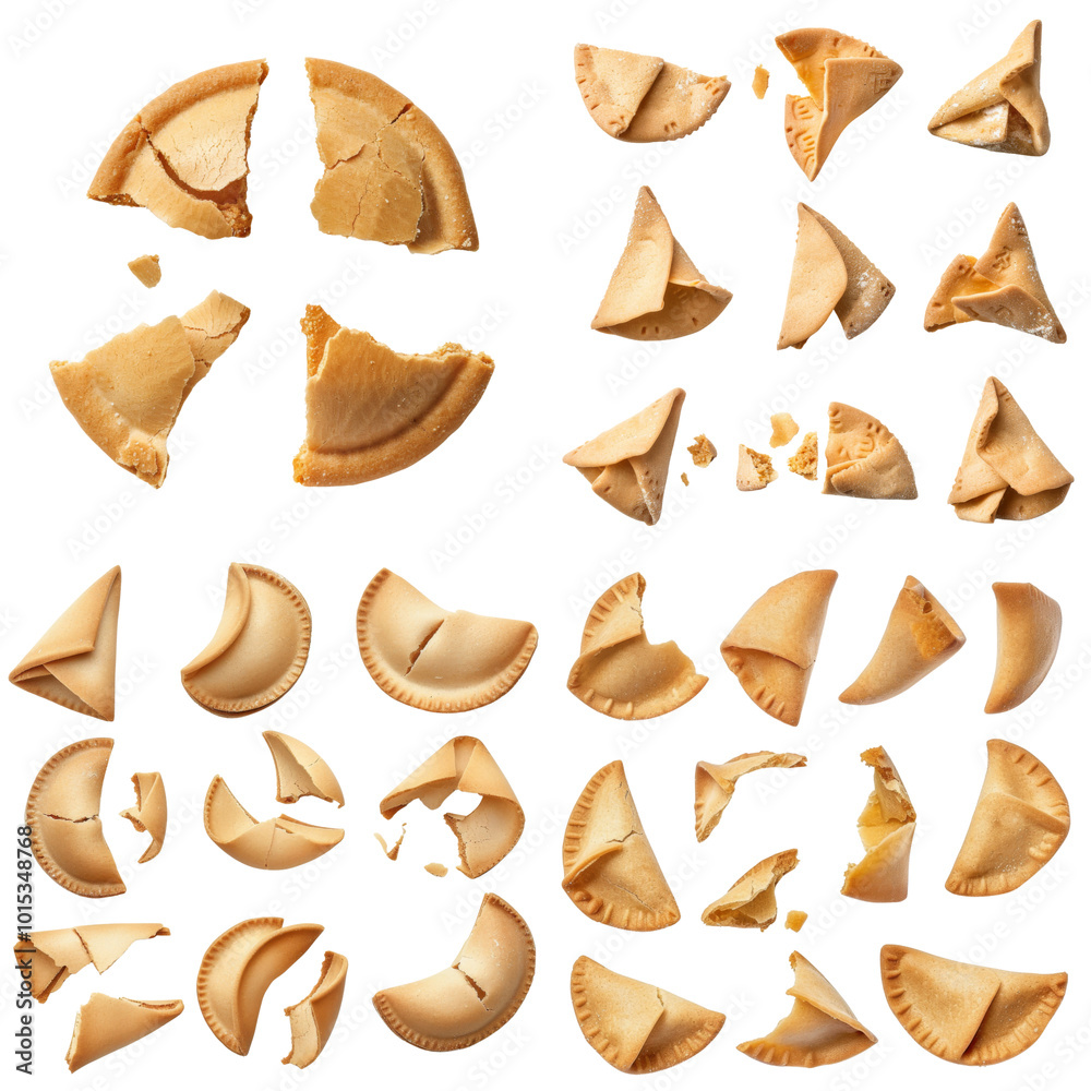 Fortune cookie cookies biscuit wafer pastry dessert on transparent cutout, PNG file. Many assorted different angles, broken, empty blank note, break isolated on transparent or white background Fortune cookie cookies biscuit wafer pastry dessert on transparent cutout, PNG file. Many assorted different angles, broken, empty blank note, break isolated on transparent or white background