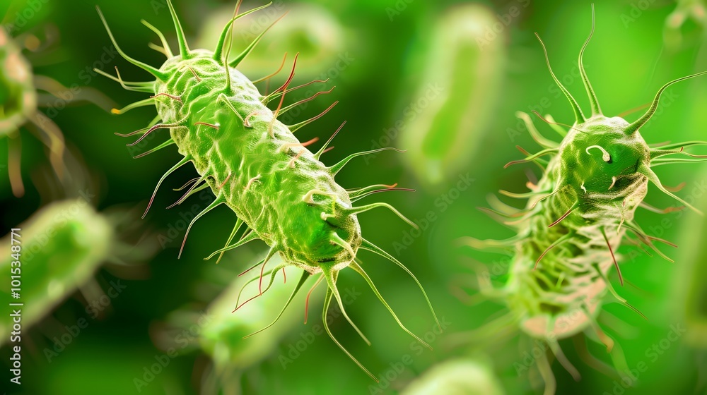 Fototapeta premium Escherichia Coli , E. Coli Bacterial Strains, Health and Food Safety microcosm, organismal and human biology science and research.