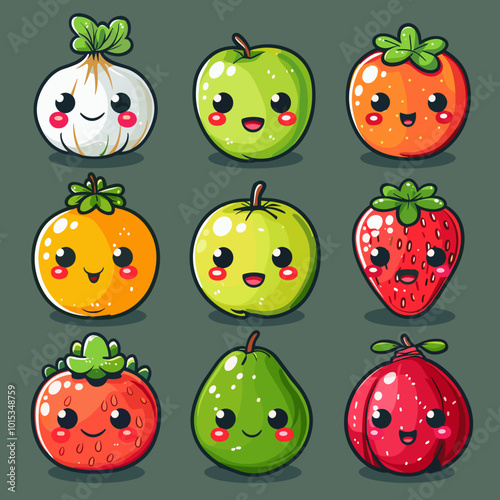 A cartoon drawing of fruits and vegetables. Cute Cartoon icon character simple vector illustration