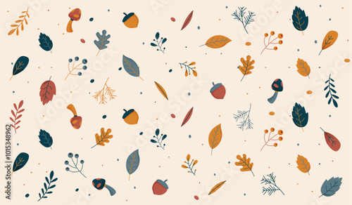 Ensemble de motifs d'automne dessinés à la main - Éléments d'illustration colorés - Feuilles d'automne, glands, plantes et  champignons - Arrière-plan doux et moderne - Décor automnal 