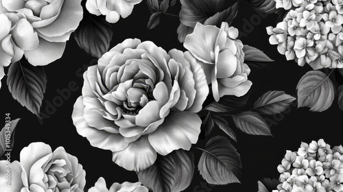 "Flowers featuring organic shapes on a seamless background create a simple abstract floral pattern. This modern design in black and white is perfect for textile design, wallpaper, cards, posters,