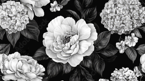 "Flowers featuring organic shapes on a seamless background create a simple abstract floral pattern. This modern design in black and white is perfect for textile design, wallpaper, cards, posters,