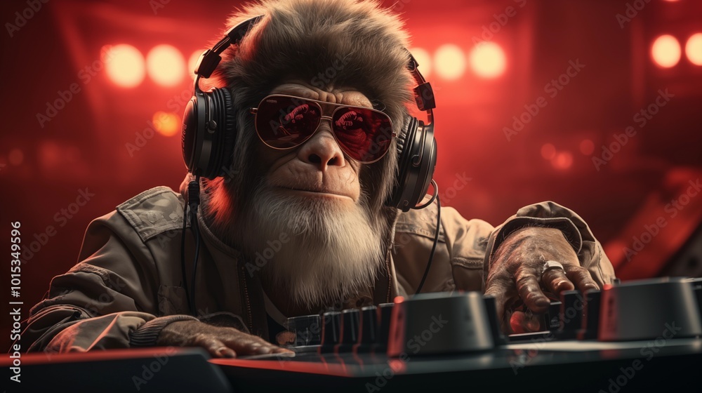 Funny monkey dj at turn table console, disco edm party, night club illustration Funny monkey dj at turn table console, disco edm party, night club illustration