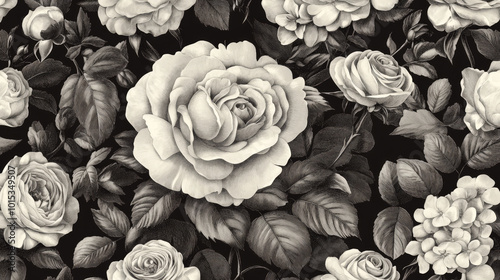 "Flowers featuring organic shapes on a seamless background create a simple abstract floral pattern. This modern design in black and white is perfect for textile design, wallpaper, cards, posters,