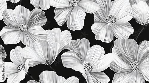 "Flowers featuring organic shapes on a seamless background create a simple abstract floral pattern. This modern design in black and white is perfect for textile design, wallpaper, cards, posters,