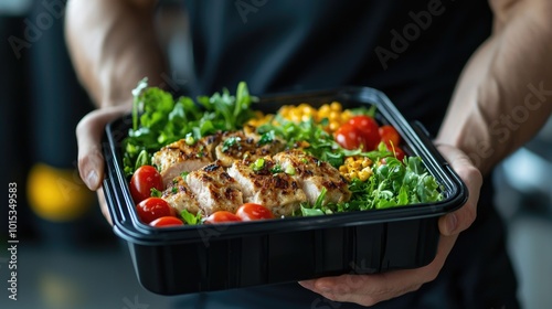 Fototapeta Naklejka Na Ścianę i Meble -  in his hands a container with lunch. Selective focus