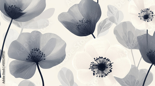 "Flowers featuring organic shapes on a seamless background create a simple abstract floral pattern. This modern design in black and white is perfect for textile design, wallpaper, cards, posters,