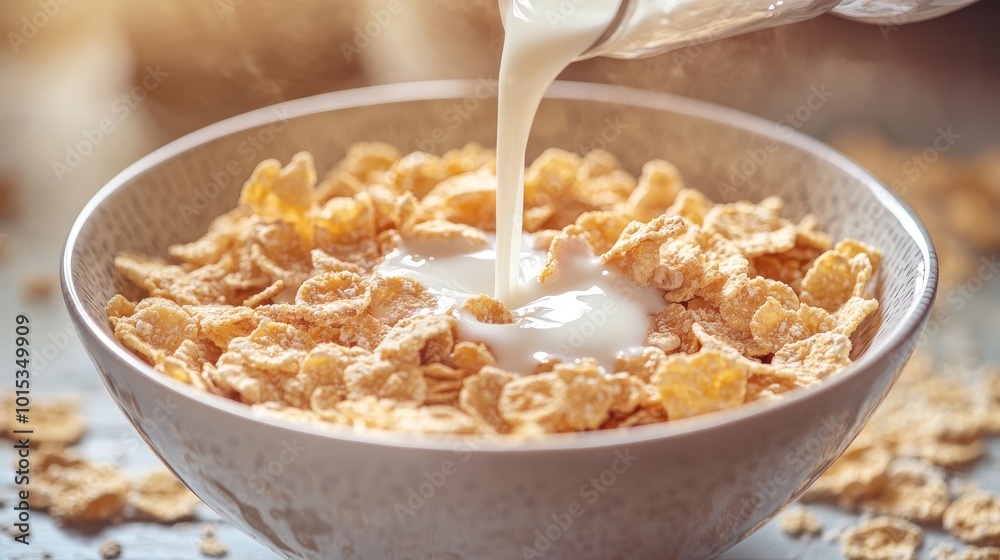 Bowl of cereal flakes with fruits berries and milk breakfast composition background Bowl of cereal flakes with fruits berries and milk breakfast composition background