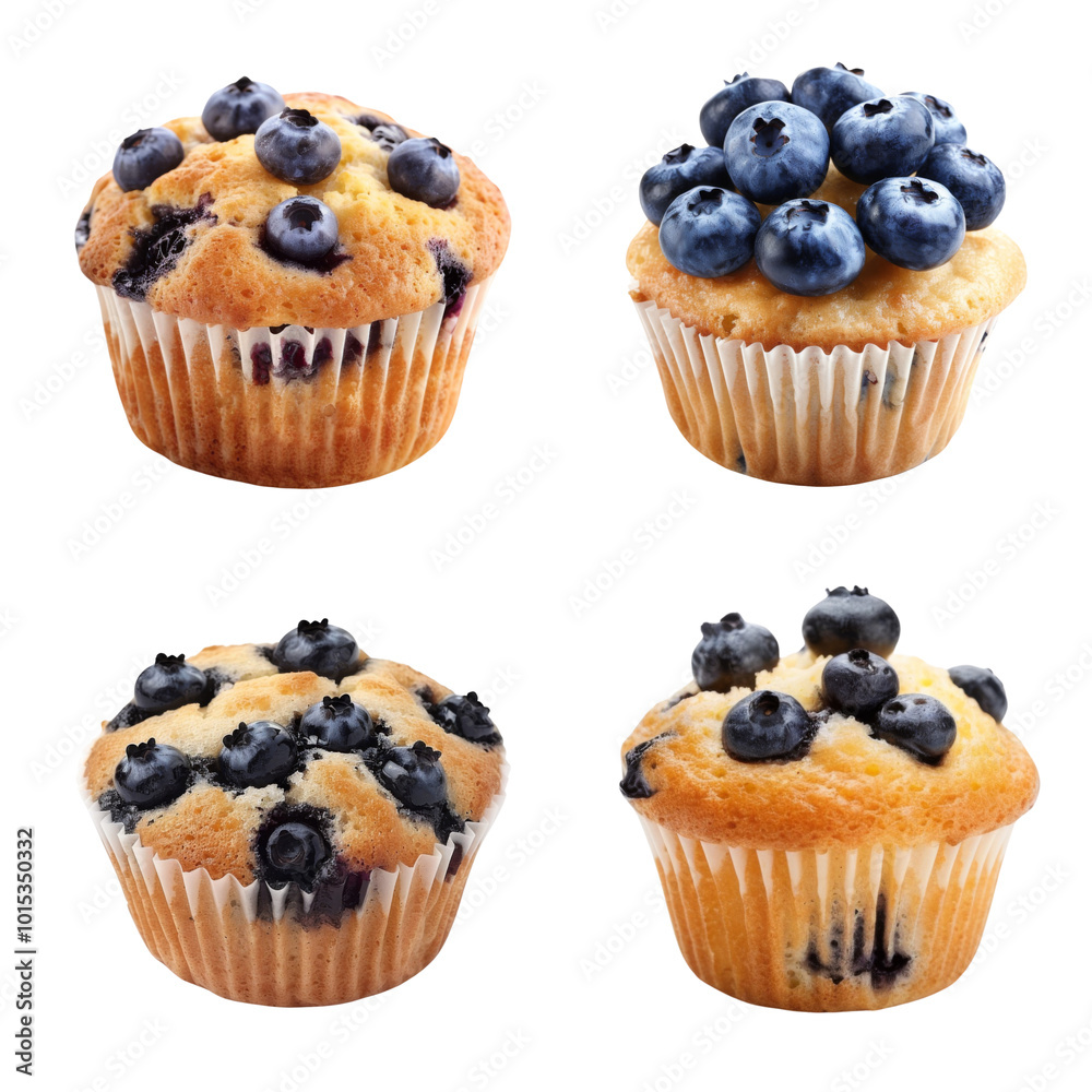 Collection of 4 muffin muffins top and front view set. Double chocolate chip, blueberry, cranberry on transparent or white background Collection of 4 muffin muffins top and front view set. Double chocolate chip, blueberry, cranberry on transparent or white background