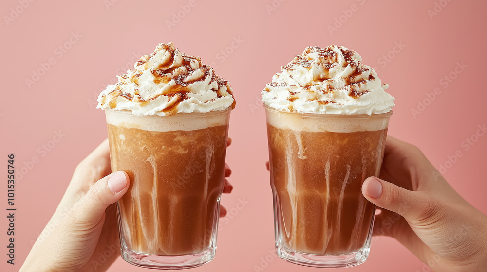 Frappe Cheers, two frappe cups being raised in a toast, with copy space, National Frappe Day