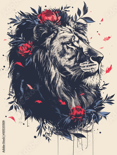 A painting of a goldfish with a flower in its mouth. The painting is of a pond with a lot of flowers and the fish is swimming in the water