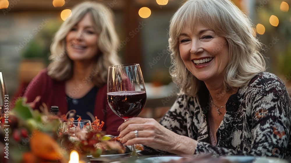 A smiling mature blonde woman is drinking some of her own red wine. She is sitting next to her daughter-in-law at a festively decorated table during a celebration. A smiling mature blonde woman is drinking some of her own red wine. She is sitting next to her daughter-in-law at a festively decorated table during a celebration.