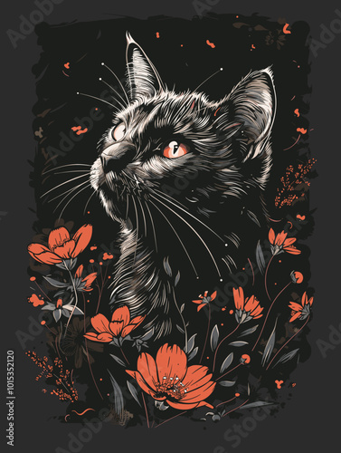 A cat with a flowery background. The cat is black and has yellow eyes. The flowers are pink and yellow